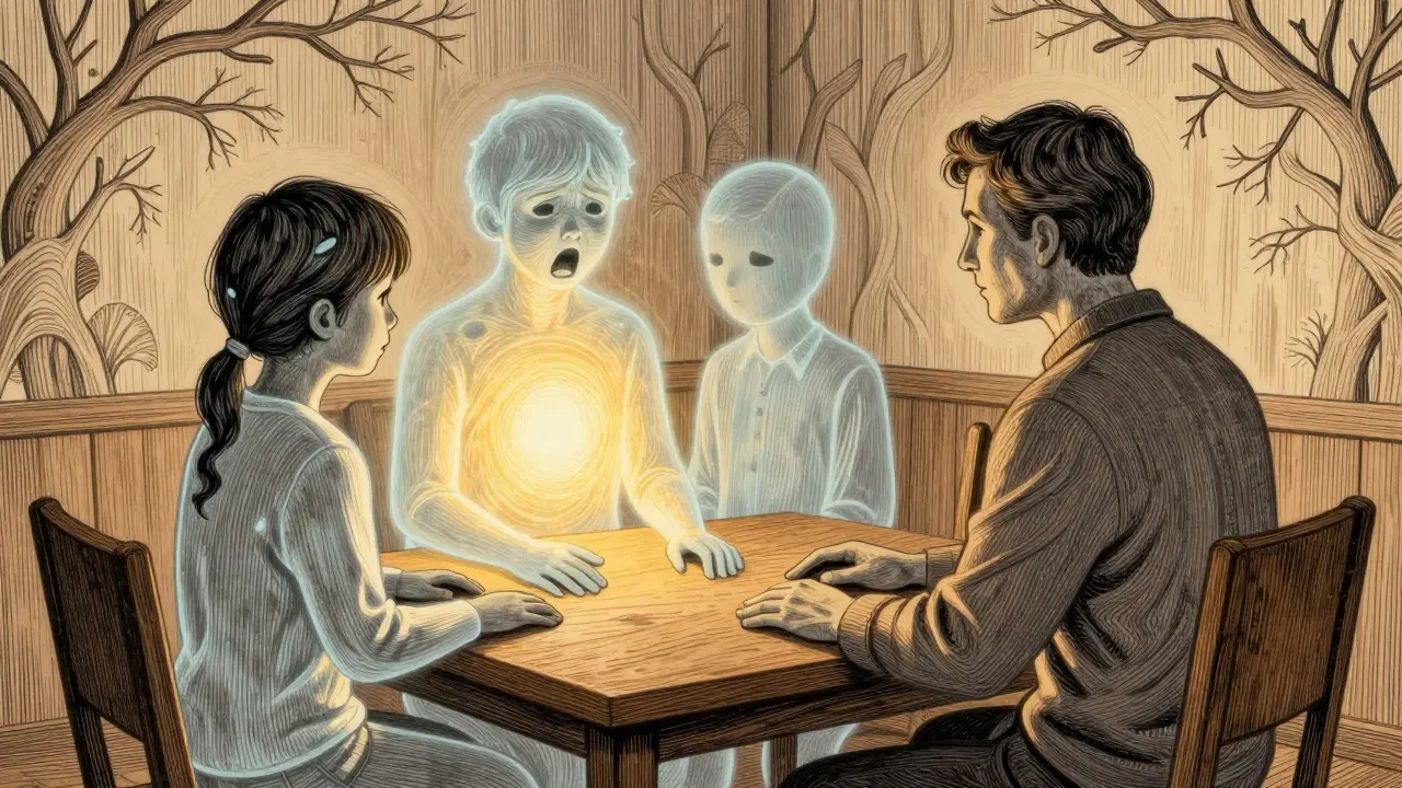 Terapeut a klient sedí u stolu, z klienta vystupují průhledné postavy vnitřních částí, z jeho hrudi svítí světlo.