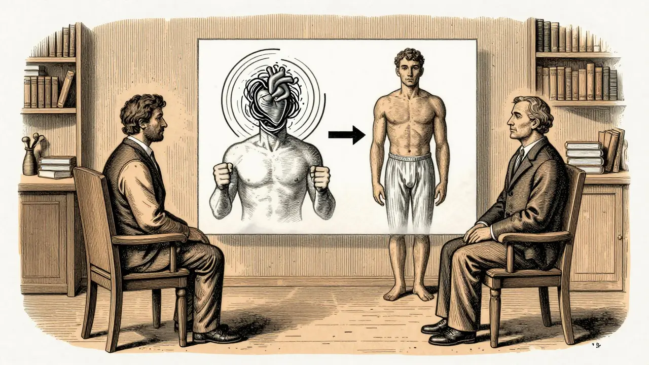 Terapeut a pacient sedí v kanceláři, mezi nimi průhledný diagram převrací paniku na klid.