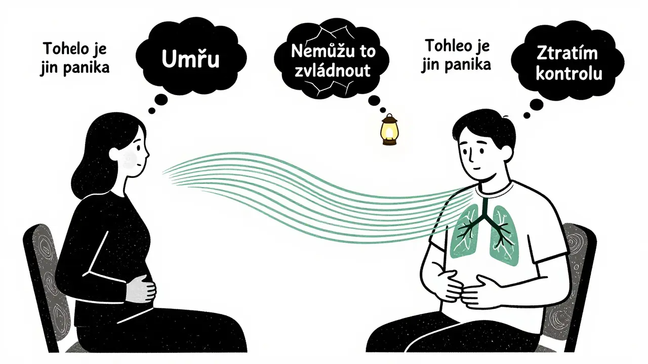 Terapeut a pacient spolu dýchají, zatímco negativní myšlenky mizí.