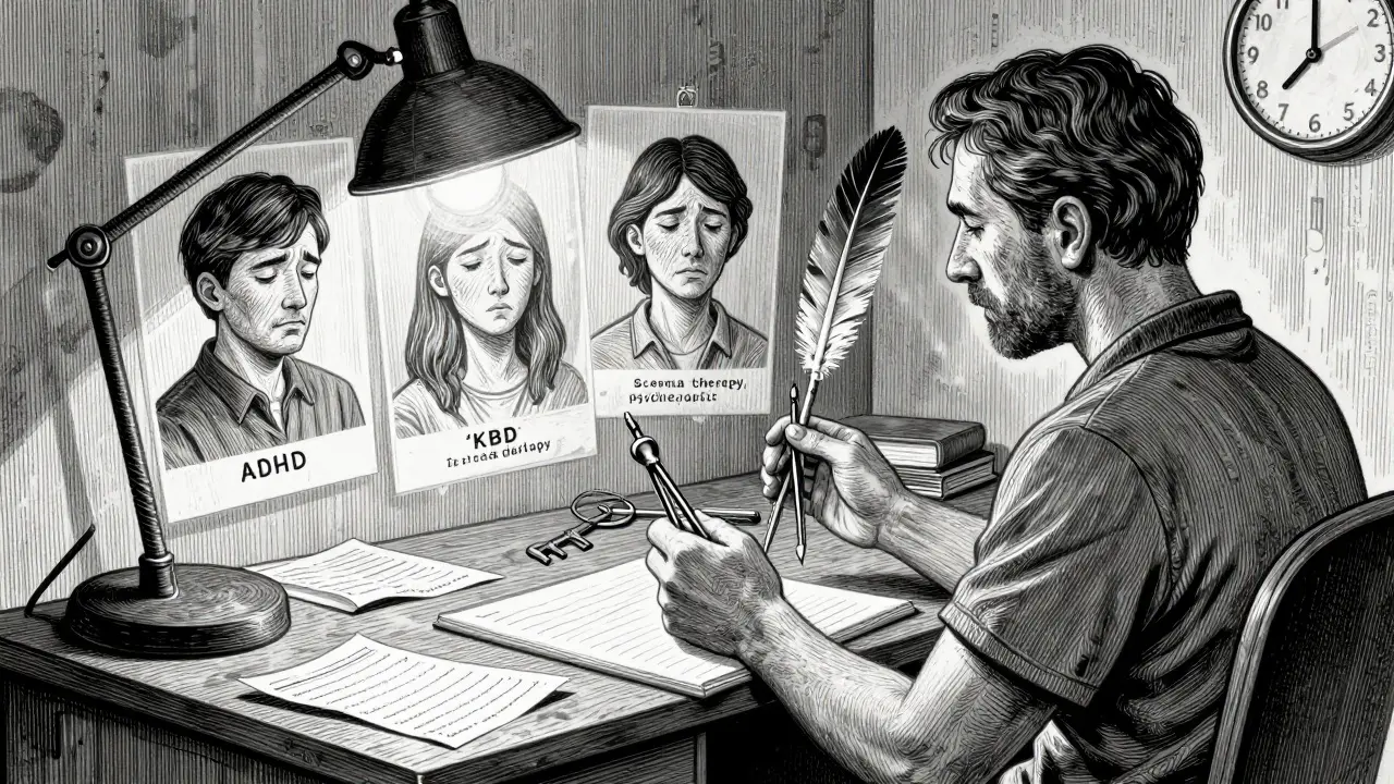 Terapeut drží různé terapeutické nástroje, zatímco nad stolem plavou příznaky tří komorbidních poruch.