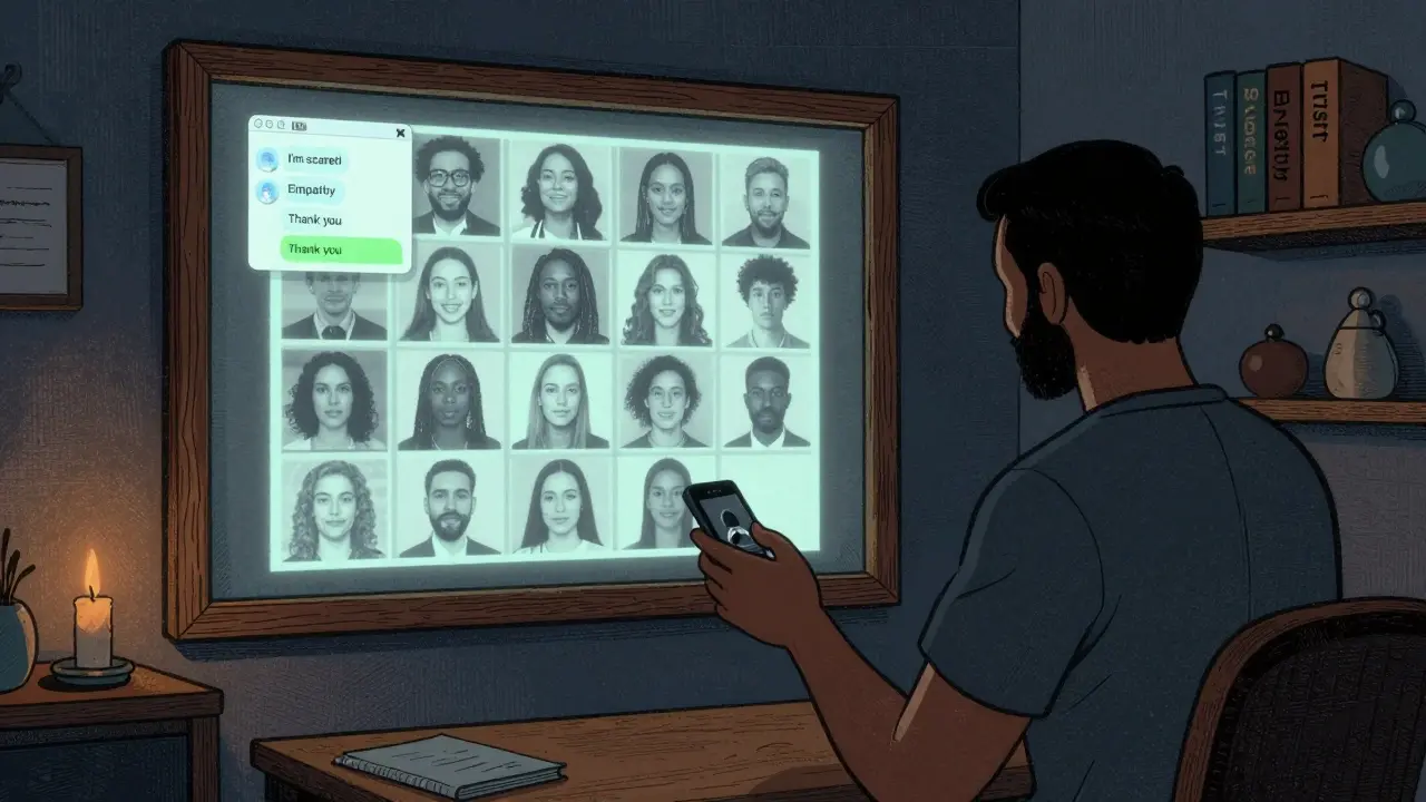 Terapeut sleduje videokonferenci na stěně, zároveň připravuje telefonní přepnutí, kolem něj knihy a svíčka symbolizující důvěru.