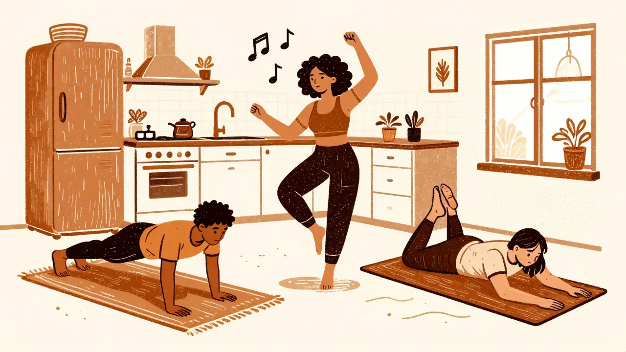 Tři lidé se pohybují doma: tanečník, cvičící a yogín, v klidném prostředí.