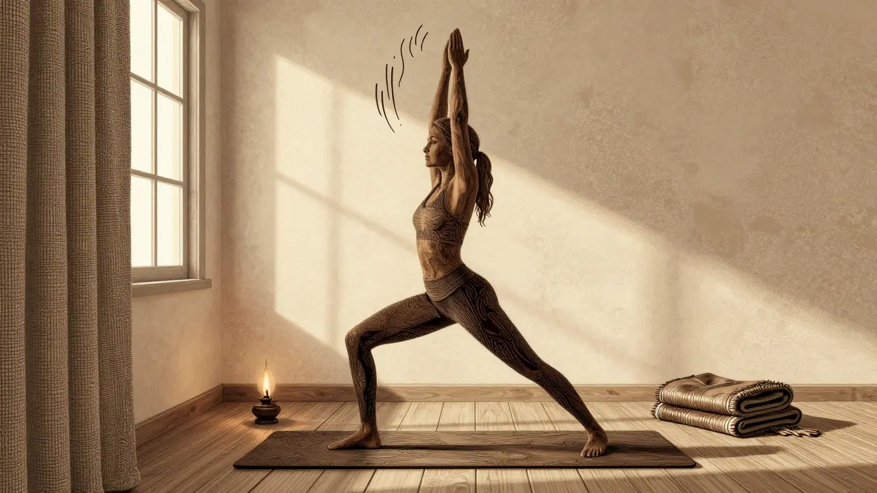 Žena dělá jógu v ranním světle u okna, klidně a soustředěně.