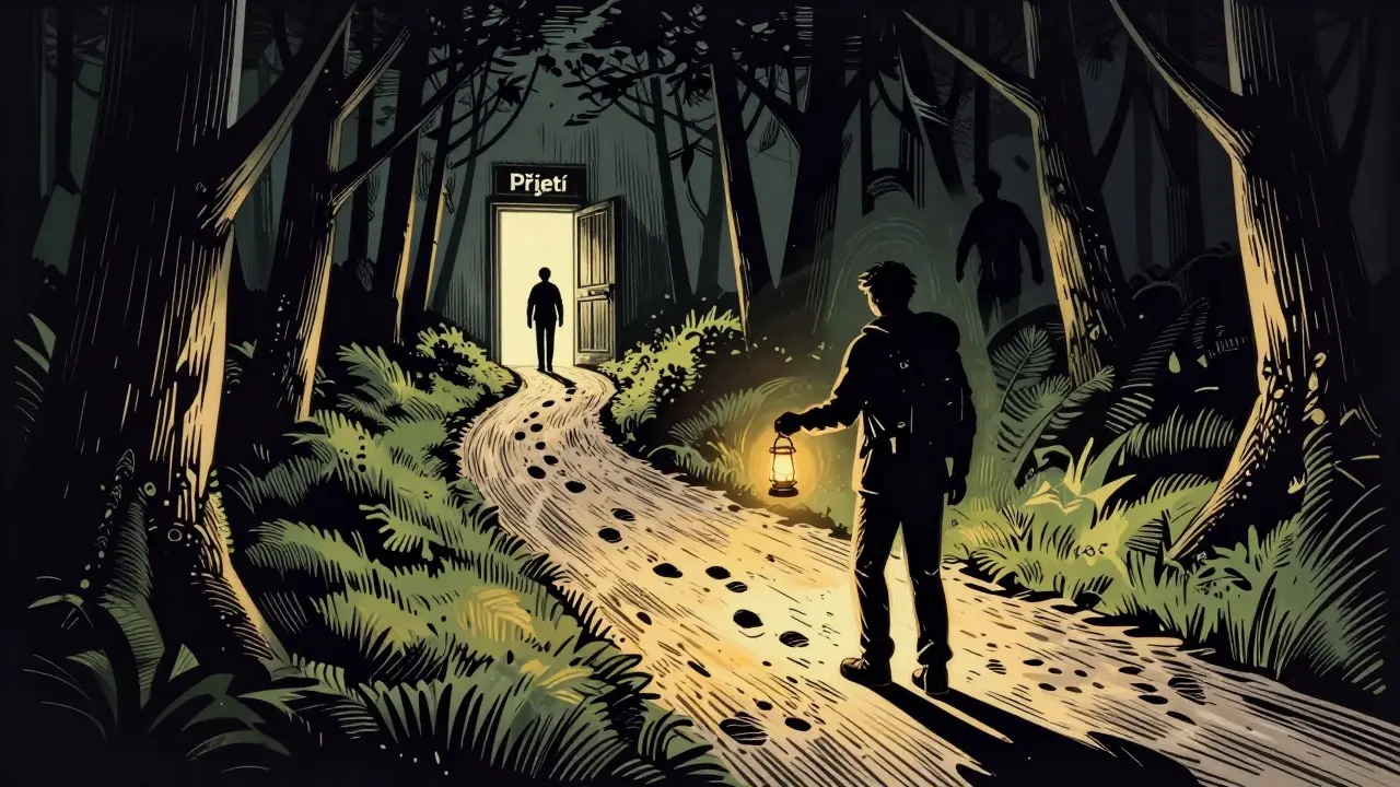 Cesta lesem s stopami a horkem, kde jeden cestovatel předává lucernu druhému, znamenající naději.