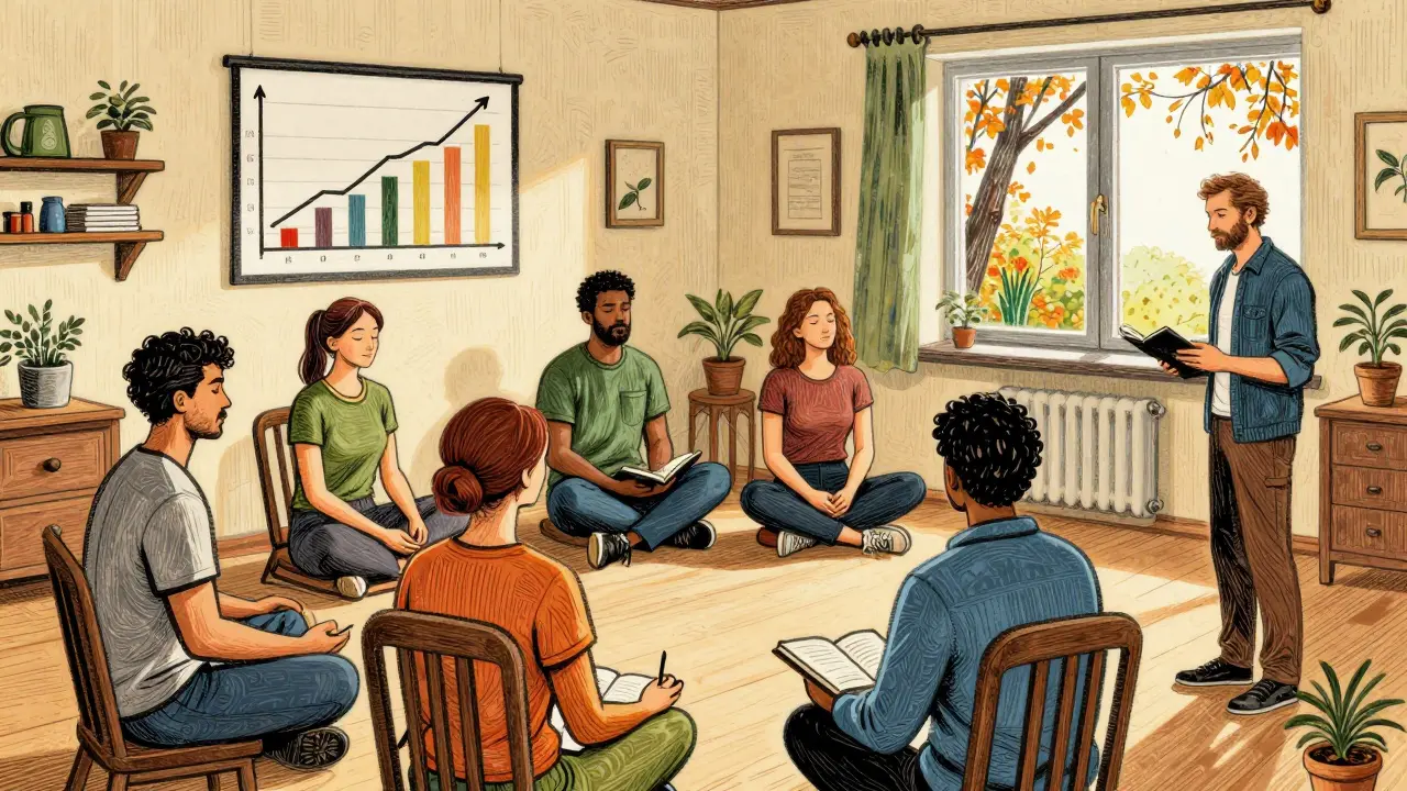 Czech workers in a workshop session, practicing mindfulness and sharing openly, with a chart showing improved well-being.