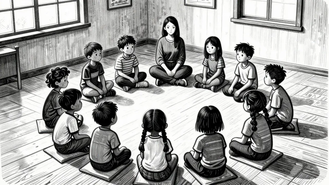 Děti v kruhu během skupinové terapie, podpora a vzájemné porozumění.