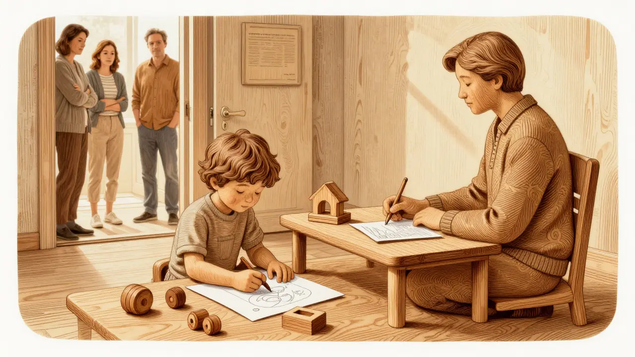 Dítě kreslí a hraje s hračkami ve společnosti psychologa, rodiče pozorují z dálky.