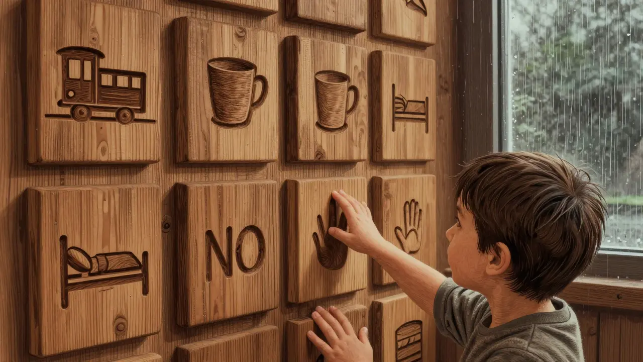 Dítě se dotýká dřevěného panelu se symbolem vlaku a ruky — trvalý systém komunikace doma.