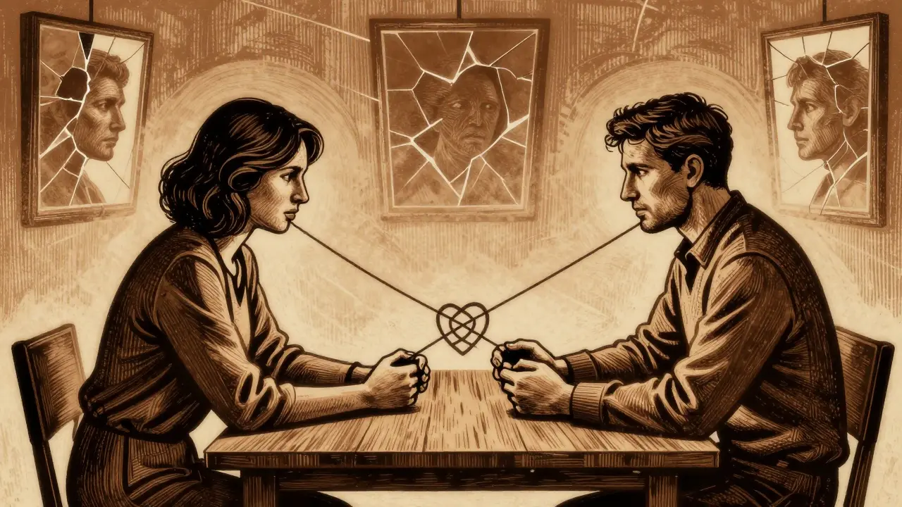 Dva lidé sedí u stolu, jejich těla jsou otočena od sebe, symbolizují napětí ve vztahu.