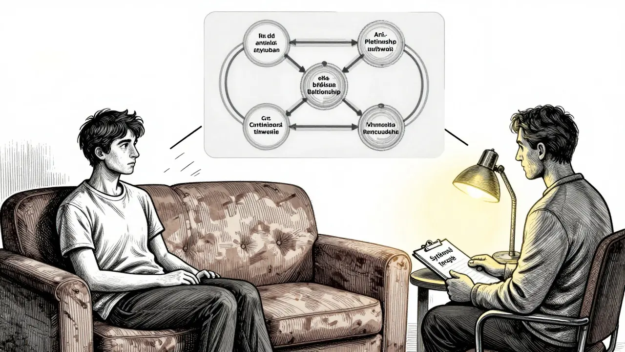 Dva lidé v terapeutickém prostředí, mezi nimi schematický model narušeného vztahu.