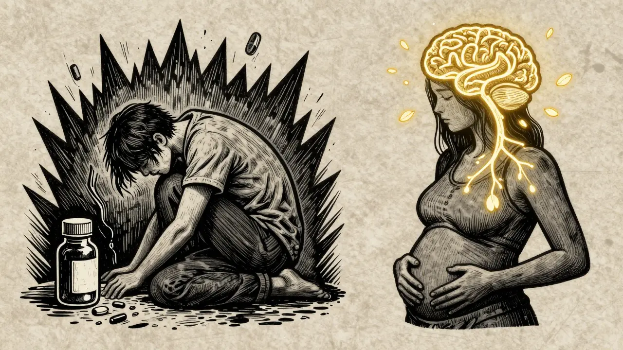 Dvě části scény: jedna ukazuje úzkost a léky, druhá neurologickou změnu v mozku při mindfulness.