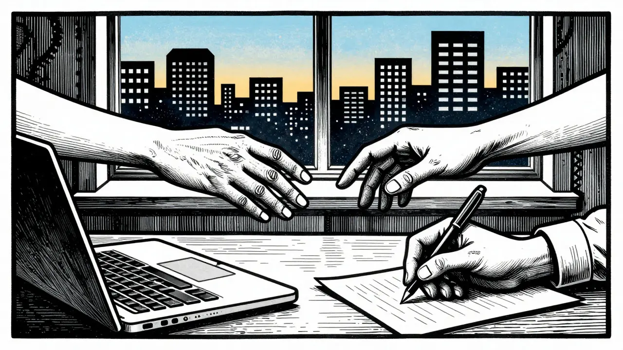 Dvě ruce se přibližují přes obrazovku—jedna na klávesnici, druhá na papíře—symbolizující hybridní terapii.