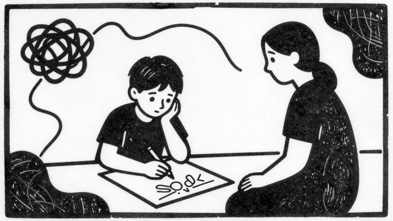 Kresba dítěte zpracovávajícího paměti s pomocí odborného terapeuta.