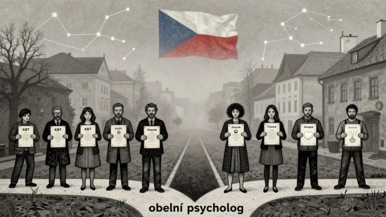 Lidé na křižovatce drží různé terapeutické certifikáty, cesty vedou různými směry.