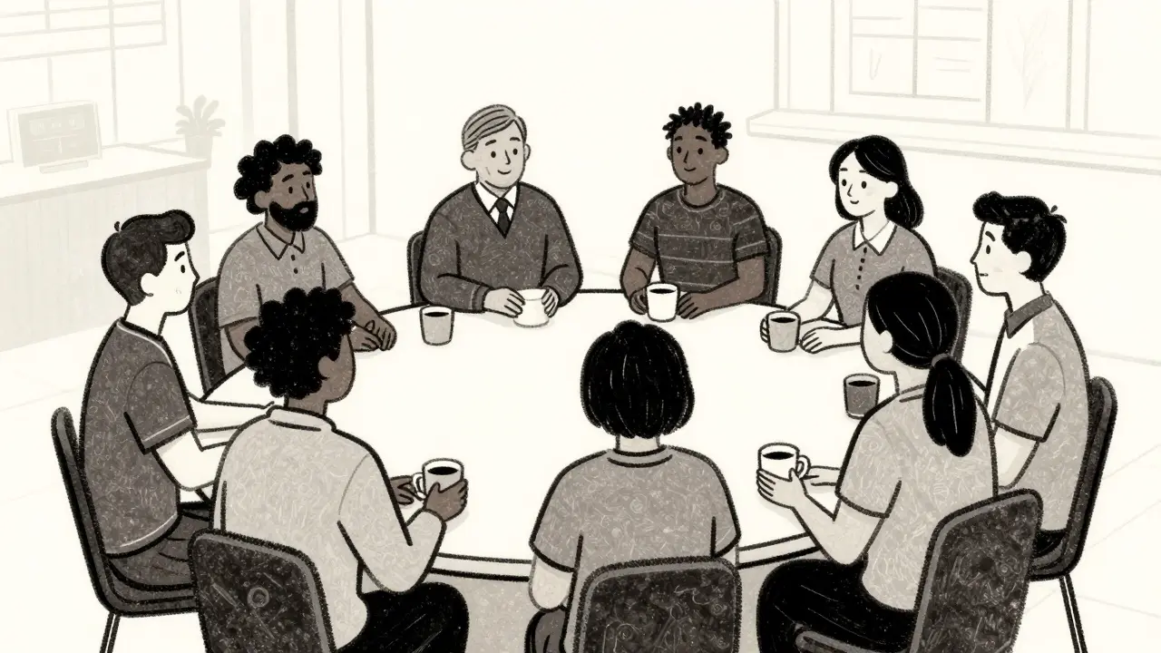 Lidé v komunitním prostoru u stolu, ilustrace spojení ve stylu dřevorytu.