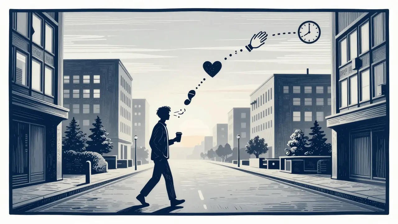 Osoba kráčí v ranním světle, za ní vystupují symboly dechu, srdce a hodin — znázorňující denní rituály.