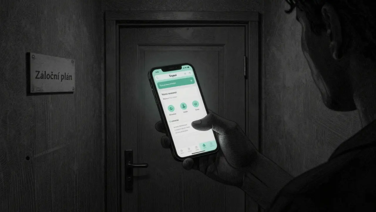 Osoba používá smartphone s aplikací Signal ve výběžku venku z koupelny, symbolizující bezpečnou komunikaci.