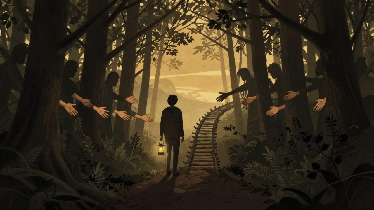 Osoba stojí na cestě z temnoty k světlu, za ní se táhne řada podpírajících rukou.