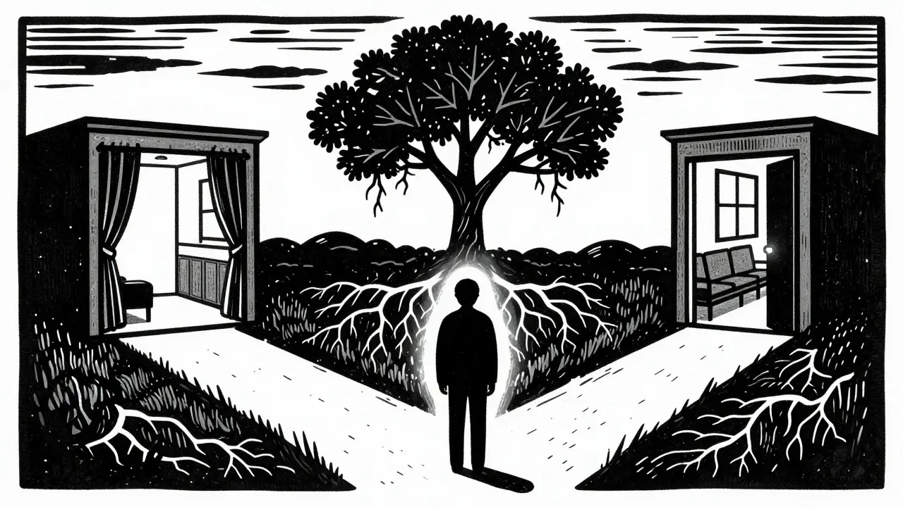 Osoba stojí na rozcestí: jedna cesta vede k izolaci, druhá k světlé dveřím terapeuta.