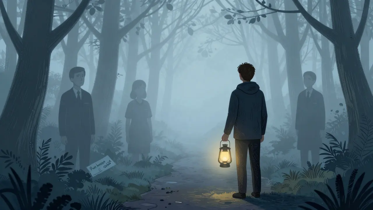 Osoba v lese drží laternu s vědomím, že první konzultace je začátek cesty k pomoci, ne konečnému řešení.