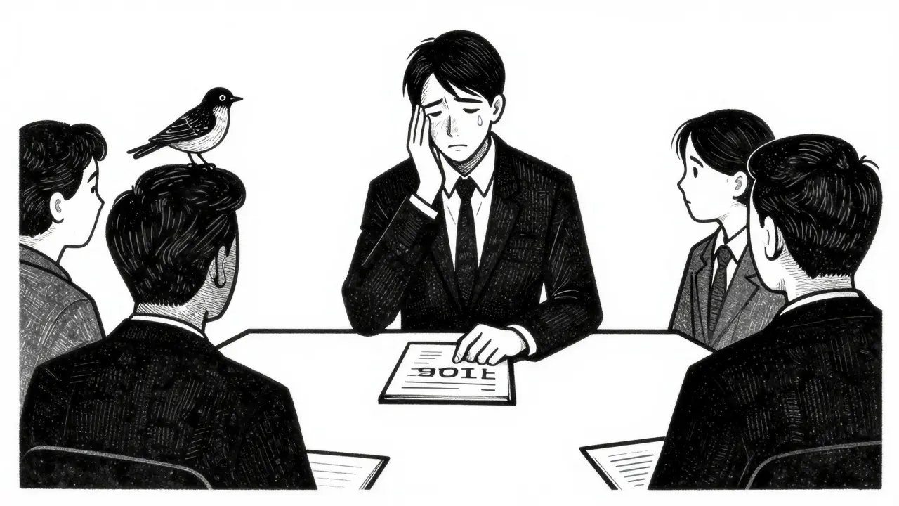 Osoba v pracovním prostředí stojí samotně, zatímco pták sedí na poznámkách — symbol mindfulness.