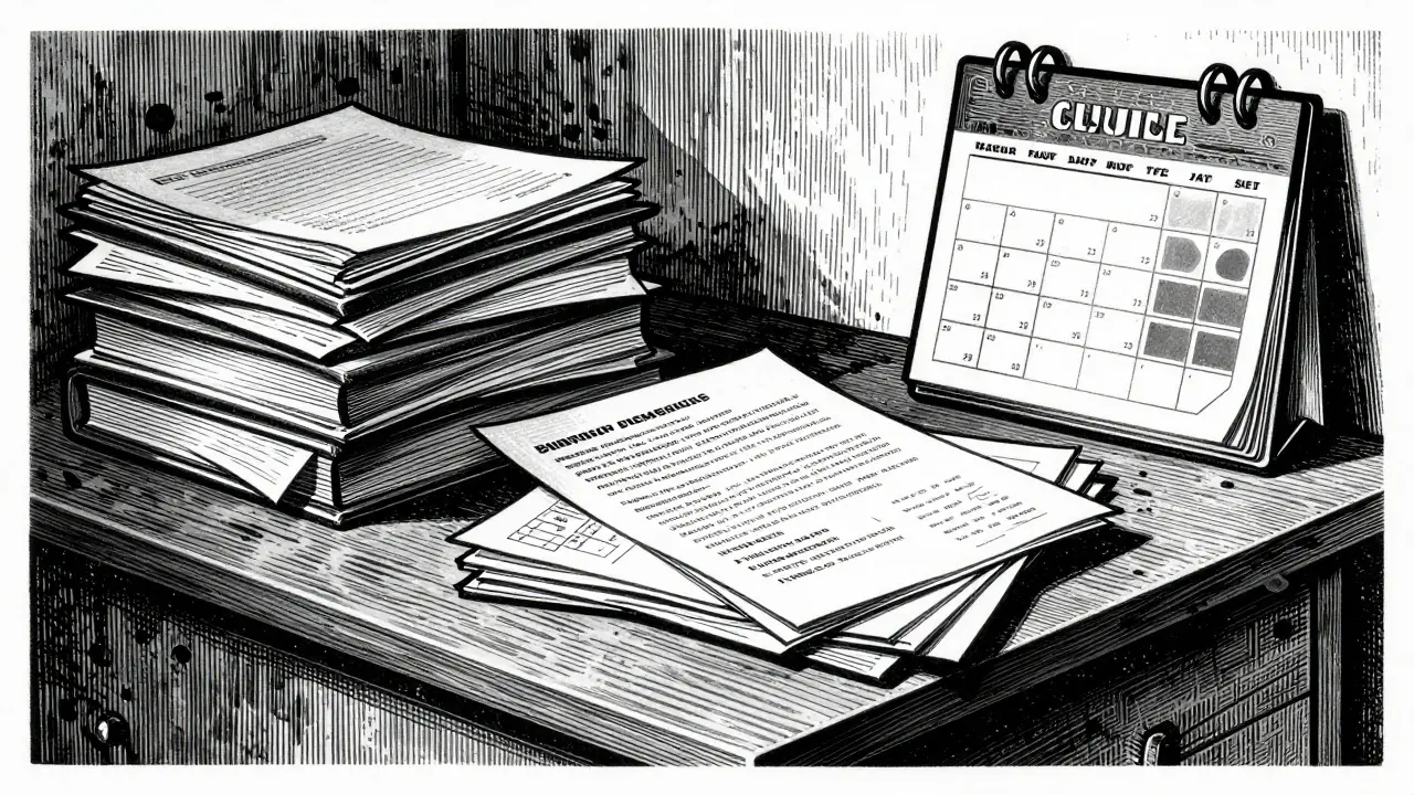 Práce terapeuta v kanceláři plné dokumentů a času.