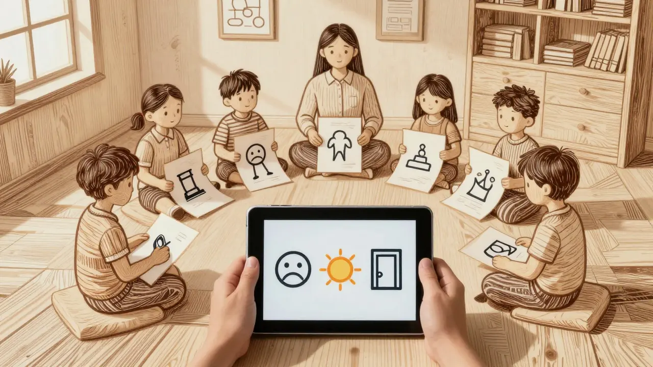 Rodina a učitelka používají stejné obrázky jako dítě — společná komunikace bez technologie.