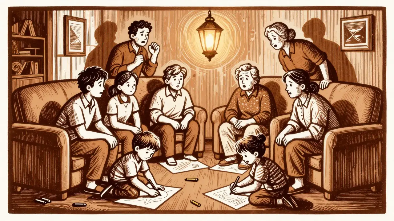 Rodina spolu v místnosti, děti kreslí, dospělí se hádají, symbolizují systémový problém.