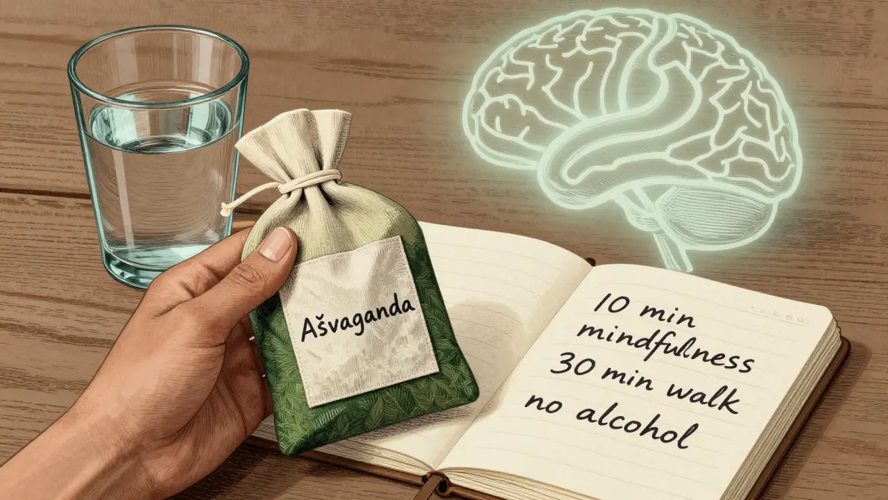 Ruka drží přírodní doplněk vedle poznámek o mindfulness a chůzi, za nimi tichý obraz mozku.