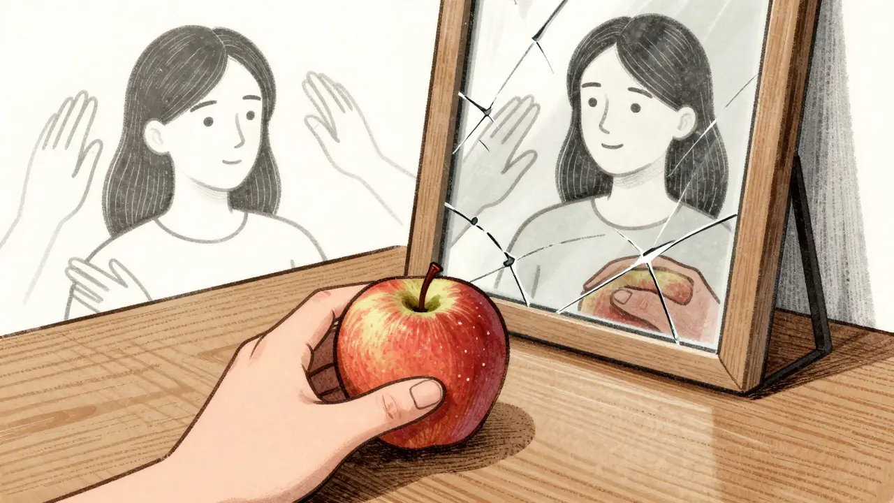 Ruka klade jablko na stůl, zrcadlo odrazuje klidnou verzi sebe sama s podporujícími stíny.