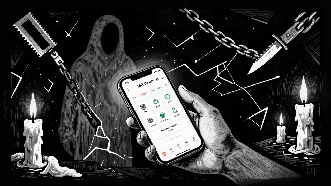 Ruka táhne k telefonu s aplikací DBT Coach, za ní se postava osvobozuje od řezacích nástrojů a plamenů.