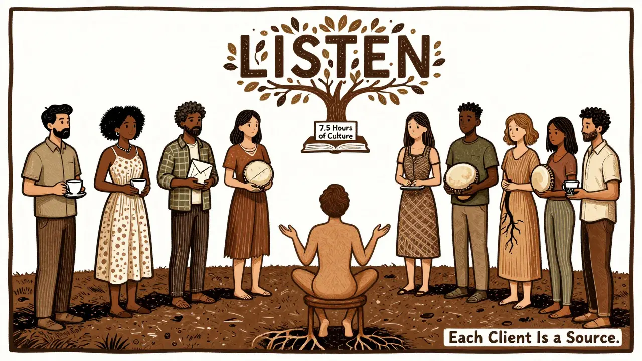 Různí klienti a terapeut v kruhu, kde každý vyjadřuje bolest jiným způsobem, terapeut naslouchá bez slov.