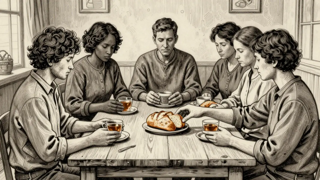 Skupina lidí sedí kolem stolu, každý drží chléb nebo šálek, symbolizující podporu a sdílení.