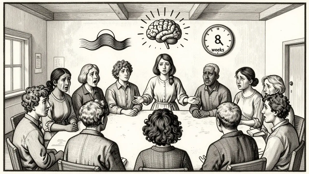 Skupina lidí v kruhu s instruktorem, nad nimi symboly mindfulness, v pozadí český interiér.