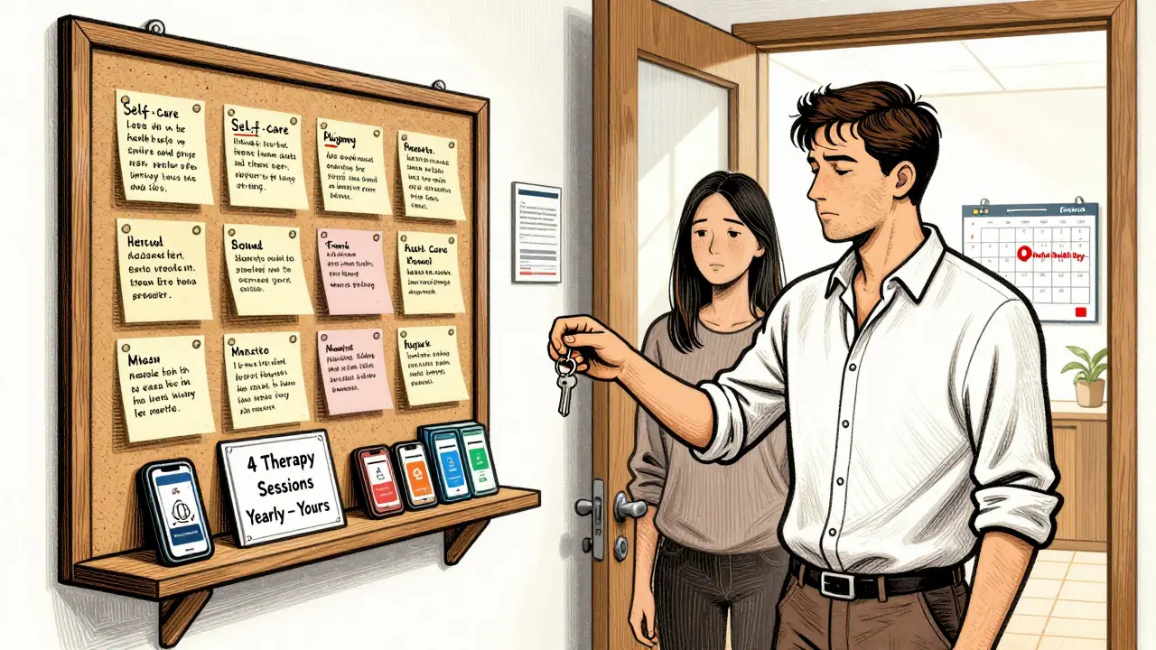 Small company hallway with supportive signs, therapy access info, and a manager offering rest as a sign of trust.