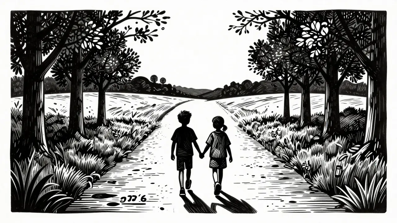 Sourozenci jdou společně po cestě do budoucnosti, symbol naděje.