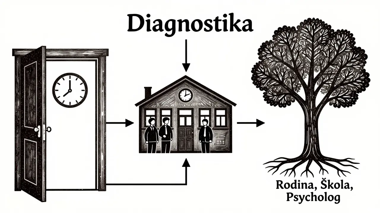 Symbolická brána diagnostiky s třemi cestami: čekání, podpora ve škole a rodinná podpora.