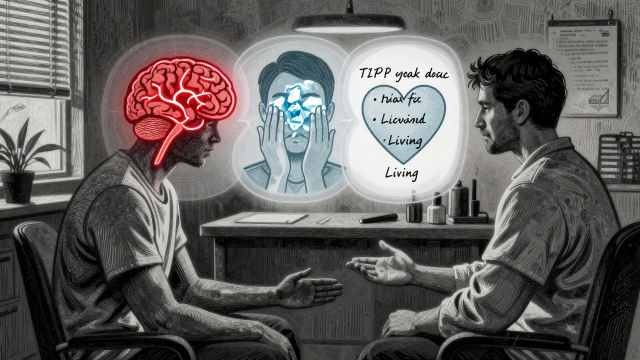 Terapeut a pacient sedí proti sobě, mezi nimi se objevuje diagram mozku a techniky TIPP s důvody pro život.