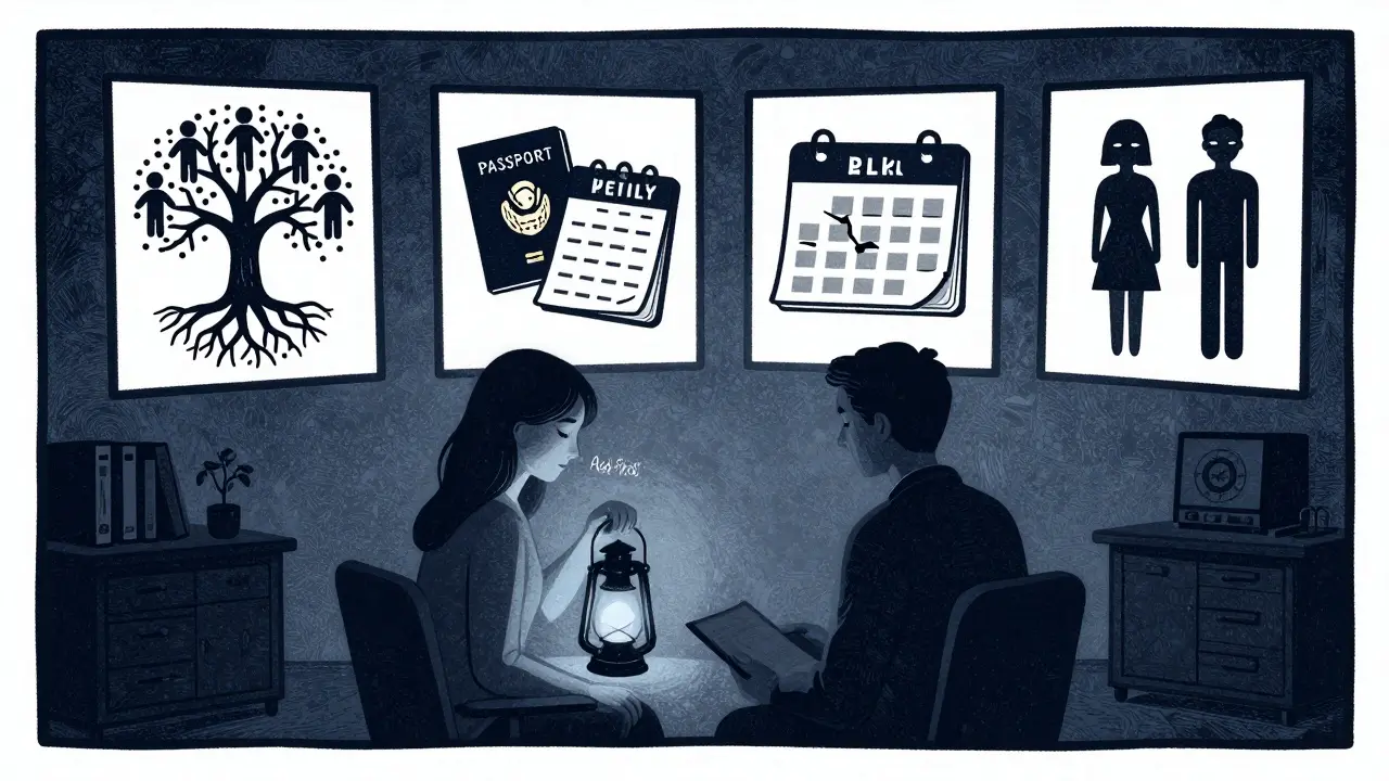 Terapeut v Praze obklopen čtyřmi kulturními faktory, které ovlivňují terapii, osvětlený jen tím, co klient říká.