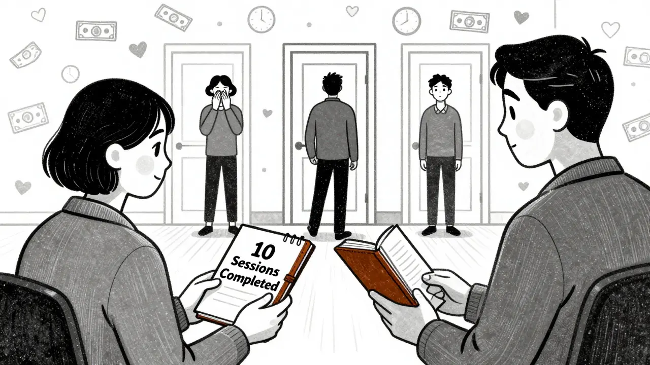 Terapeut zavírá sešit s '10 sezení', za ním tři postavy před dveřmi.