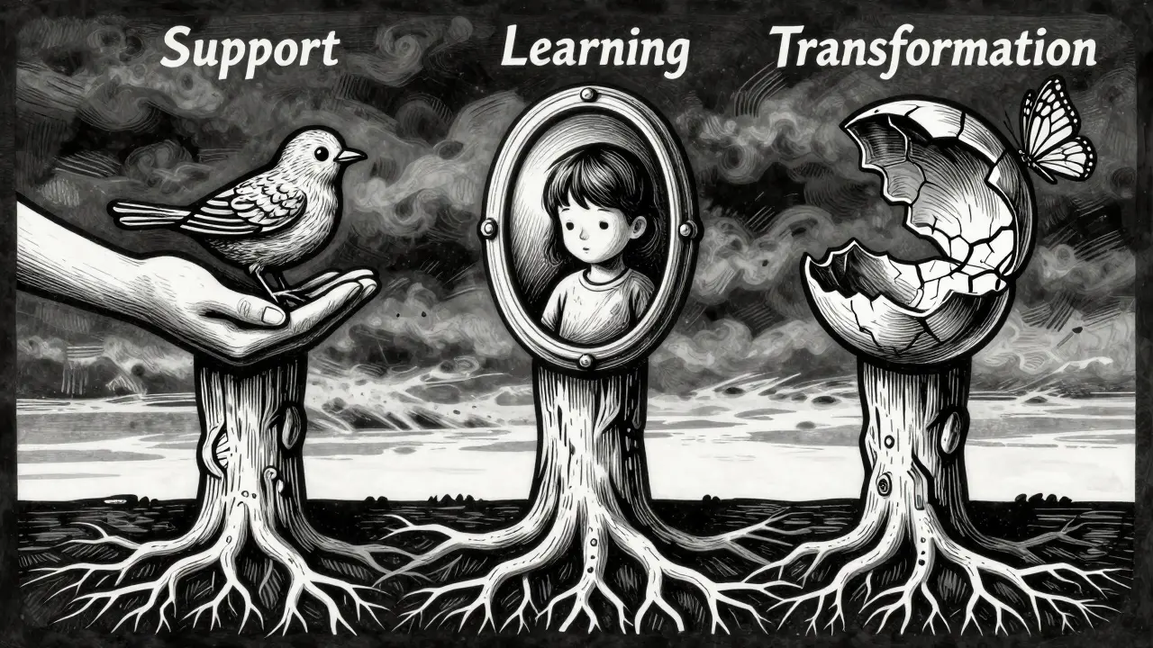 Three symbolic pillars of therapy — support, learning, transformation — rising from a shared root.