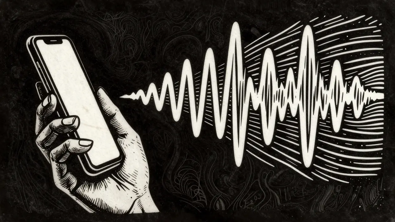 Abstraktní znázornění zvukových vln a hovoru v technice dřevorytu.