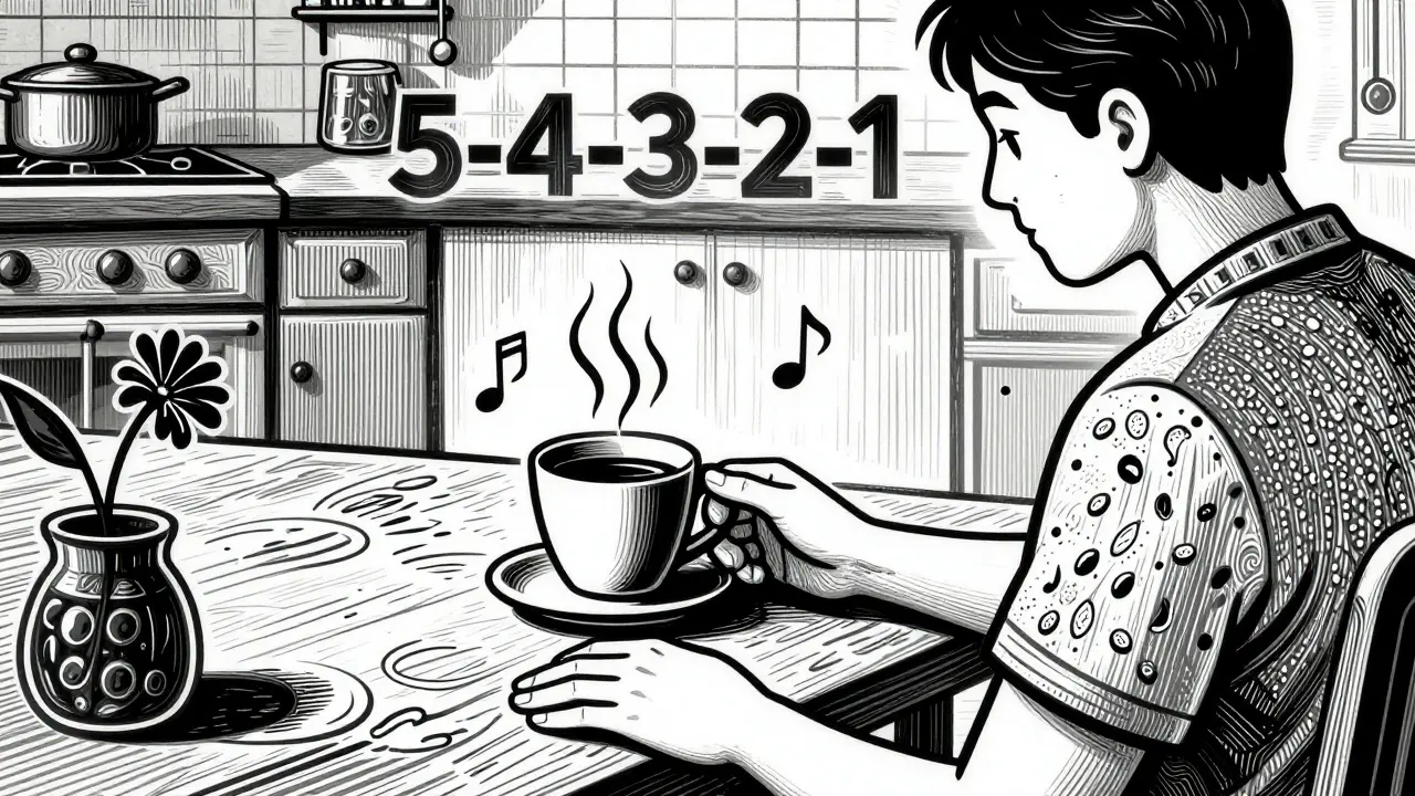 Člověk praktikující uzemňovací techniku v kuchyni v rytu dřerýtu.