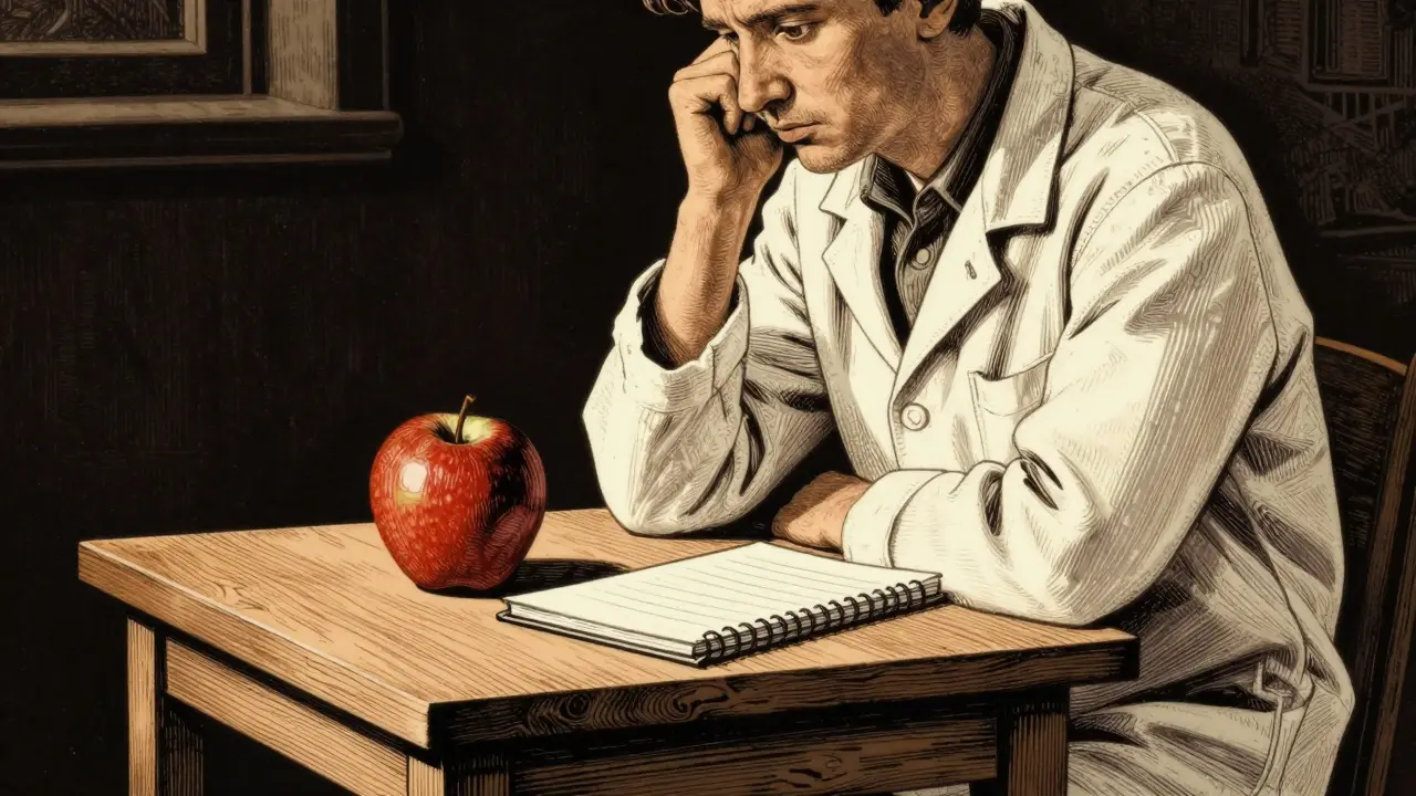 Člověk s jablkem a deníkem u stolu, styl dřevorytu, symbolizující behaviorální experiment.