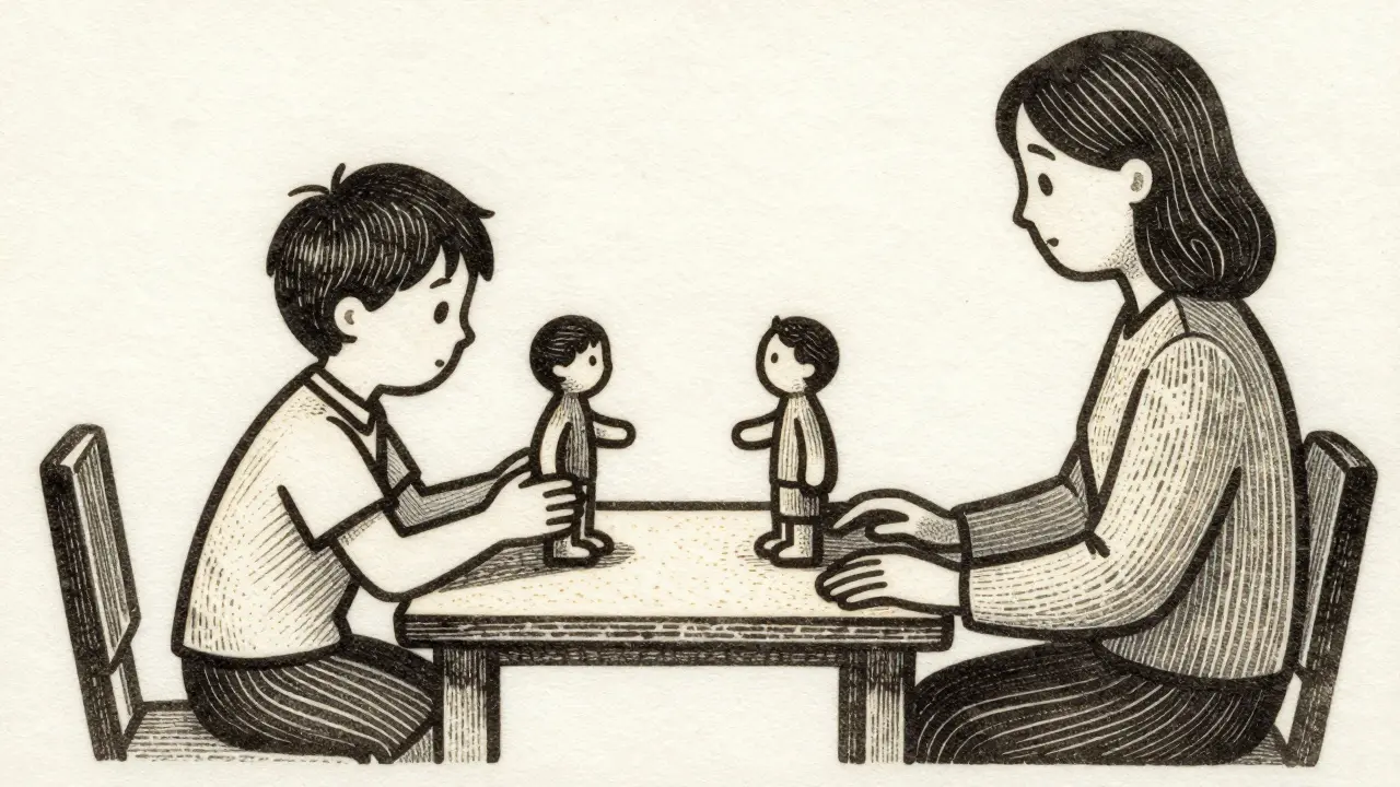 Dítě hrající si s figurkami v přítomnosti terapeuta, styl dřevorytu.