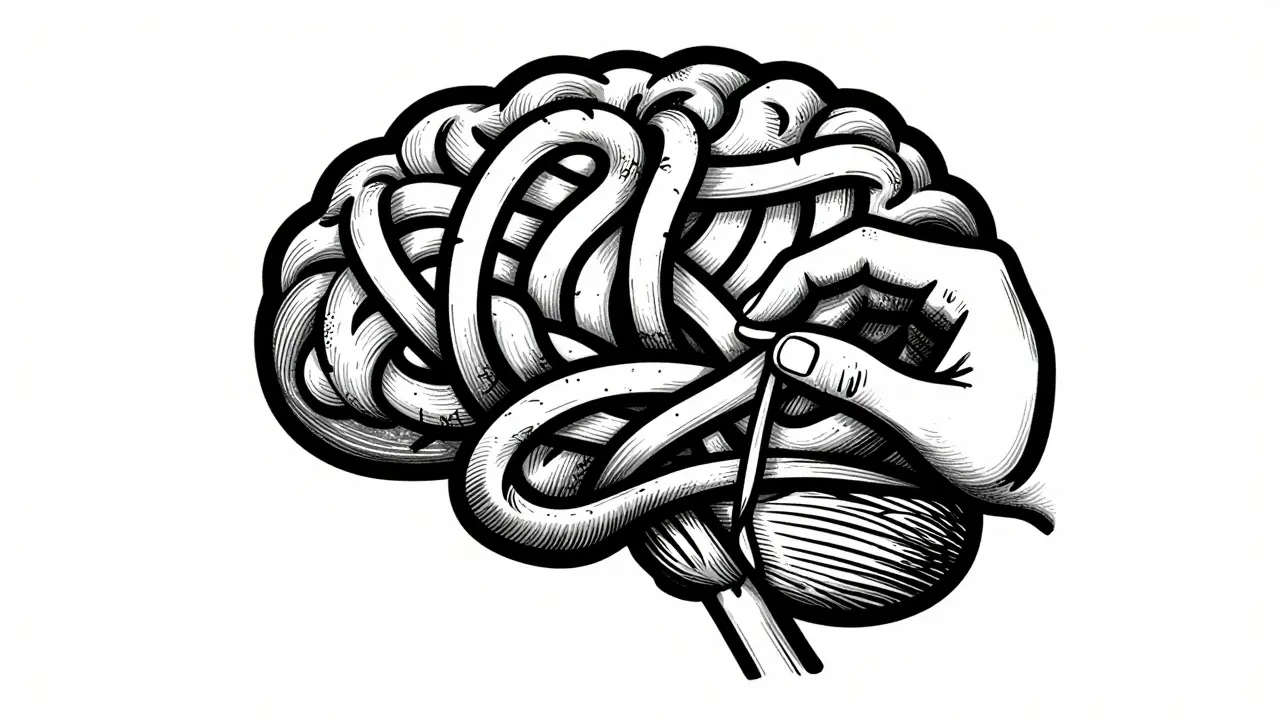 Dřerez ilustrující ruku, která jemně rozplétá složitý uzel představující lidskou mysl.