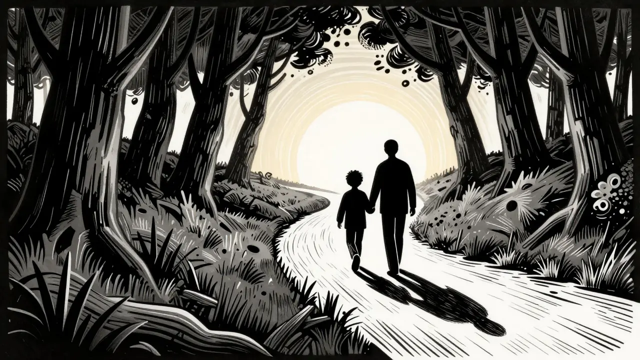 Dřevoryt znázornující cestu člověka z temného lesa k světlu v doprovodu terapeuta.