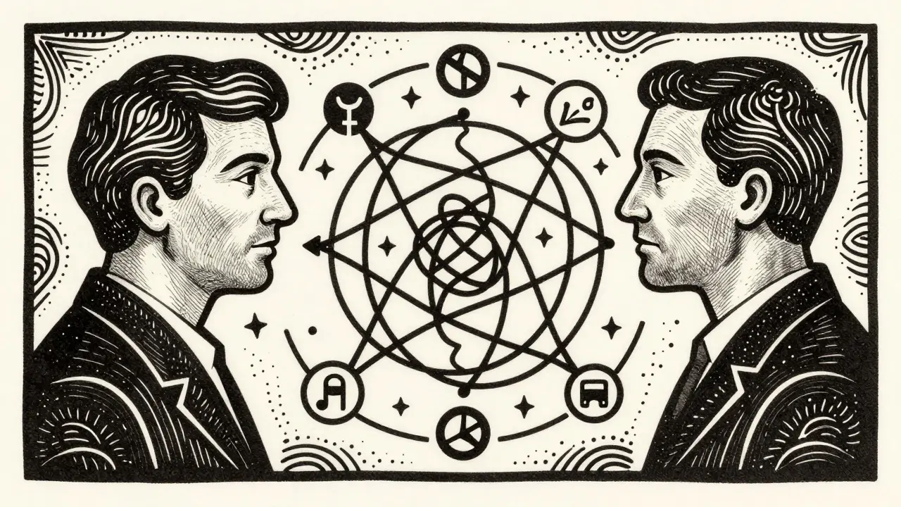 Dřevoryt znázorňující emocionální provázání a přenos mezi klientem a terapeutem.