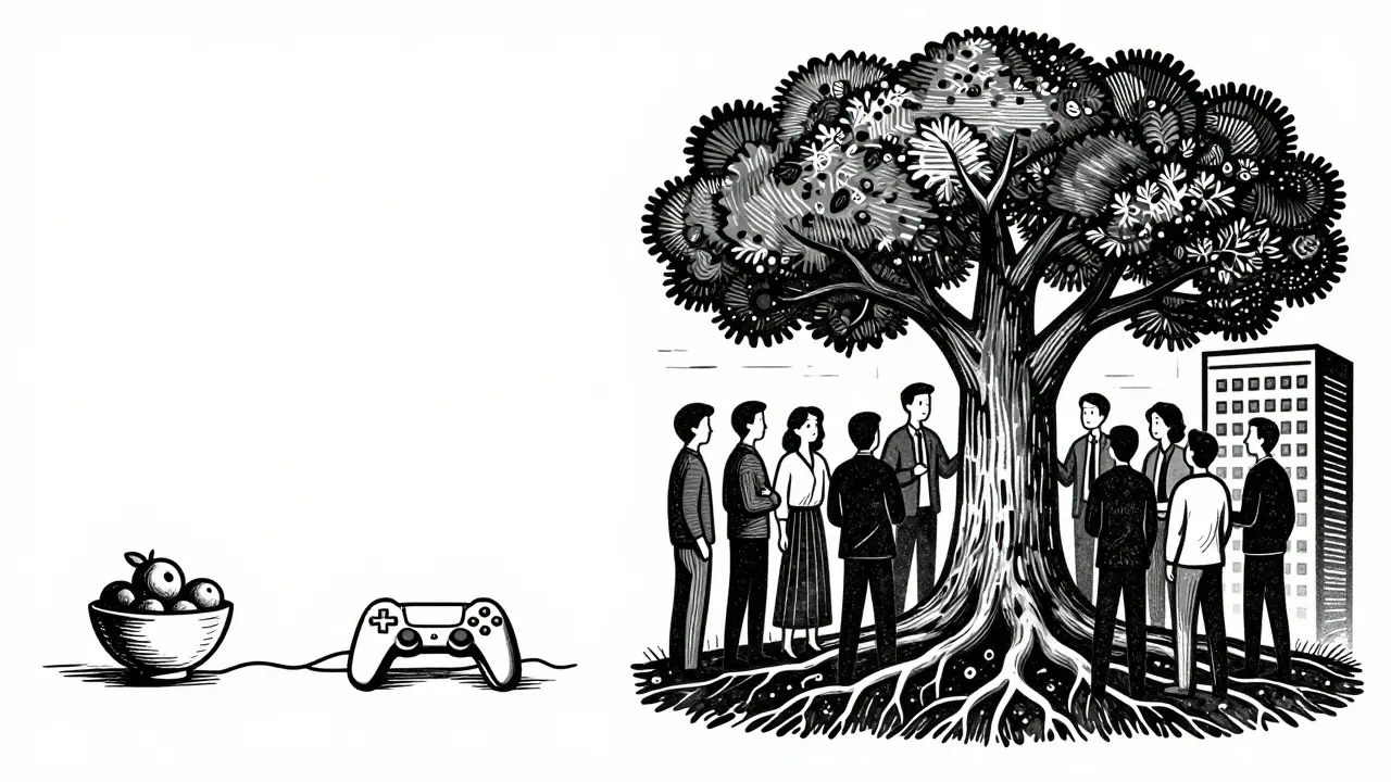 Dřevoryt znázornující kontrast mezi povrchními benefity a systémovou podporou wellbeing.