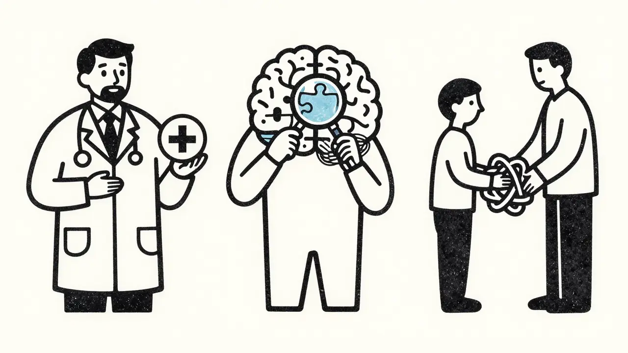 Drevrýřez znázornující tři typy odborníků: psychiatra, psychologa a terapeuta.